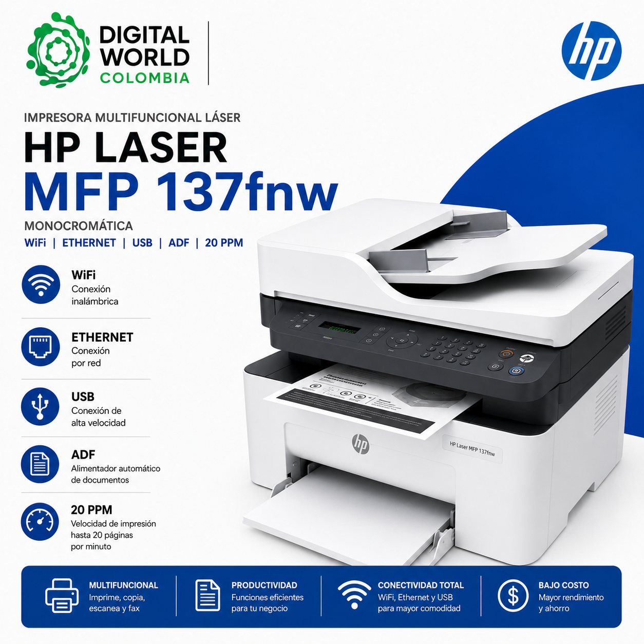 Impresora Multifuncional Láser HP Laser MFP 137fnw Monocromática WiFi Ethernet USB ADF 20 PPM