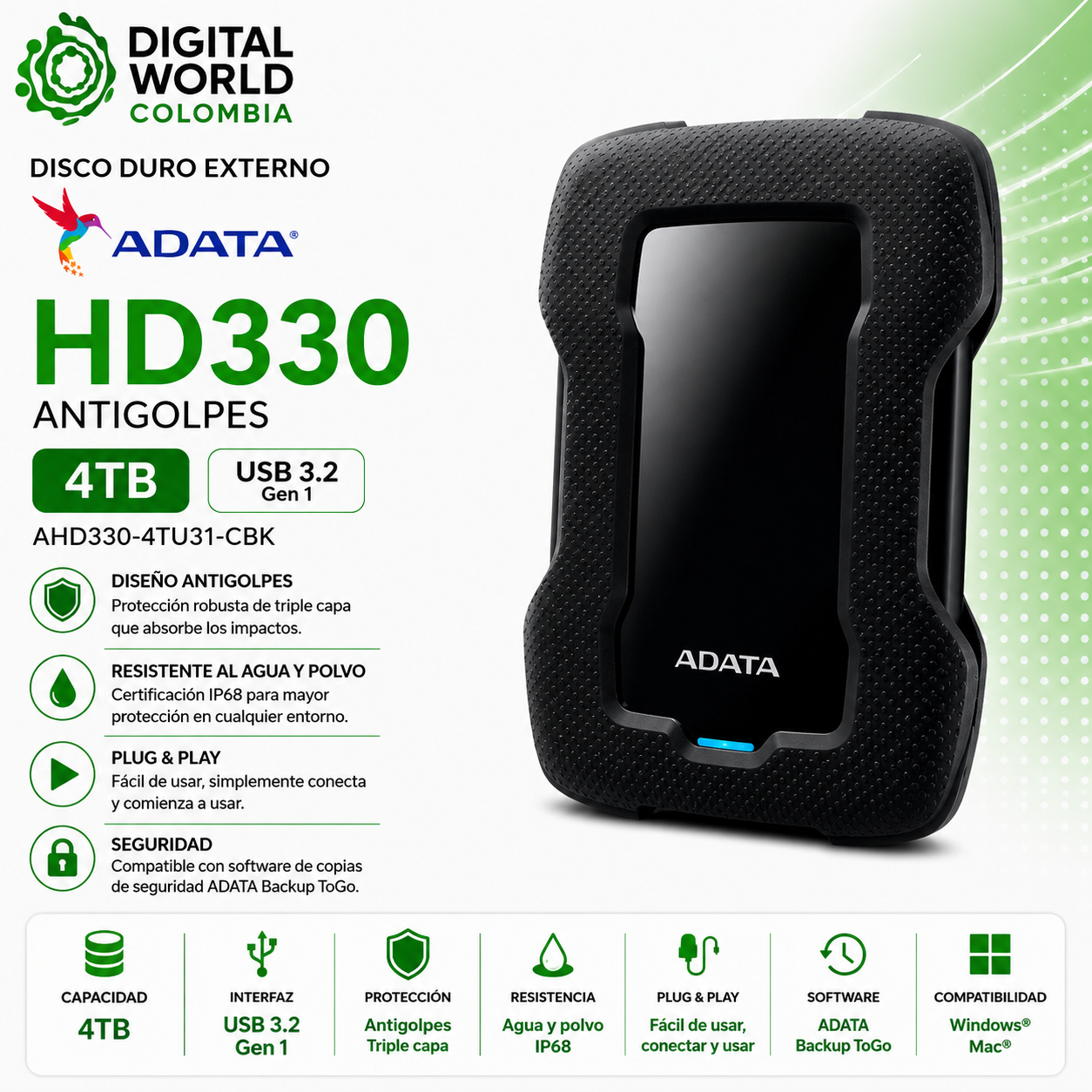 Disco Duro Externo ADATA HD330 4TB USB 3.2 Antigolpes AHD330-4TU31-CBK