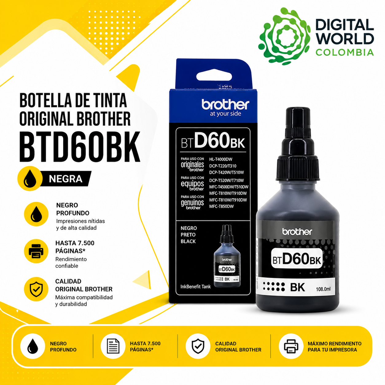 Botella de Tinta Original Brother BTD60BK Negra 108 ml 7.500 Páginas para InkBenefit Tank Serie T220, T420, T520, T720 y T920