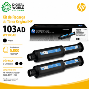 Kit de Recarga de Tóner Original HP 103AD W1103AD Dúo Pack Negro 5.000 Páginas para Neverstop Laser 1000 y MFP 1200