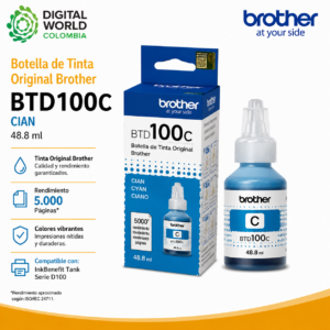Botella de Tinta Original Brother BTD100C Cian 48.8 ml 5.000 Páginas para InkBenefit Tank Serie D100