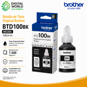 Botella de Tinta Original Brother BTD100BK Negra 108.8 ml 7.500 Páginas para InkBenefit Tank Serie D100