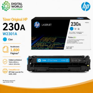 Tóner Original HP 230A W2301A Cian 1.800 Páginas para Color LaserJet Pro 4203 y 4303