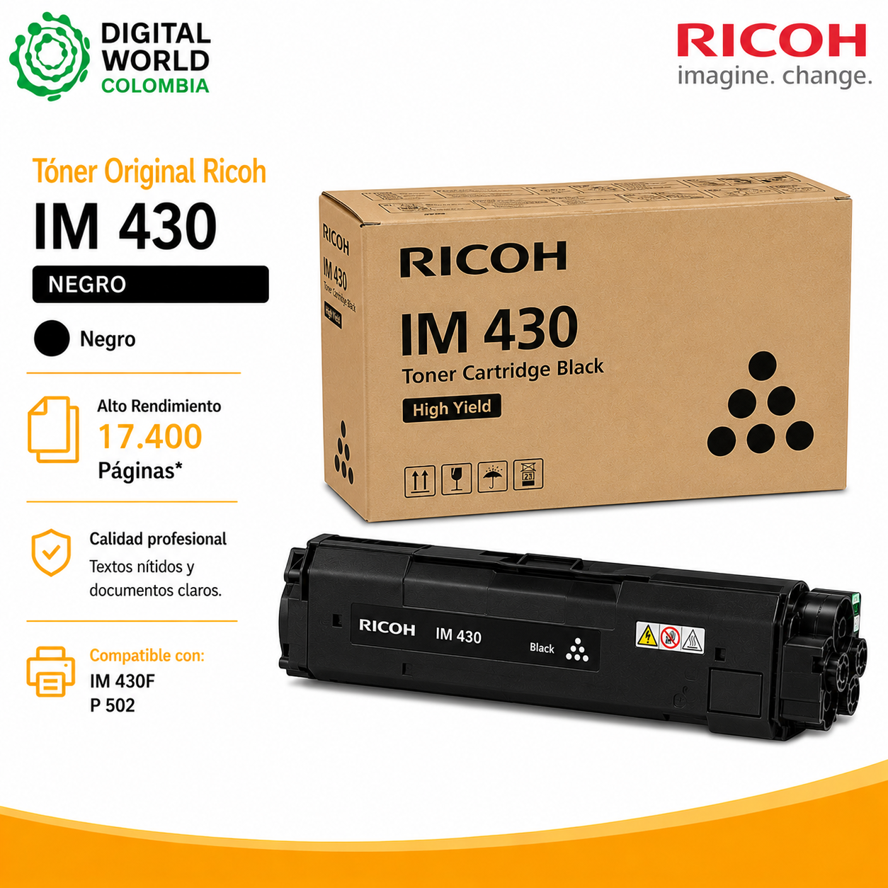 Tóner Original Ricoh IM 430 Negro Alto Rendimiento 17.400 Páginas para IM 430F y P 502