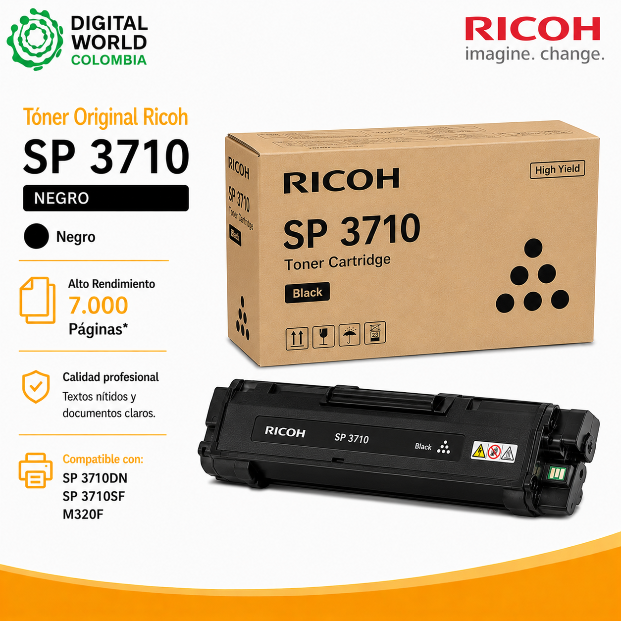 Tóner Original Ricoh SP 3710 Negro Alto Rendimiento 7.000 Páginas para SP 3710DN, SP 3710SF y M320F