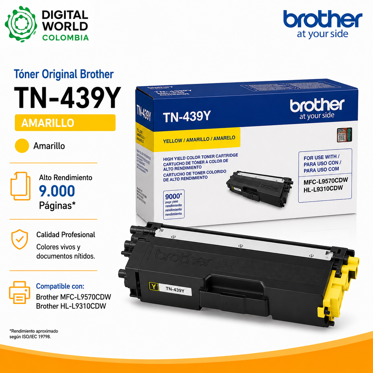Tóner Original Brother TN-439Y Amarillo Alto Rendimiento para MFC-L9570CDW y HL-L9310CDW