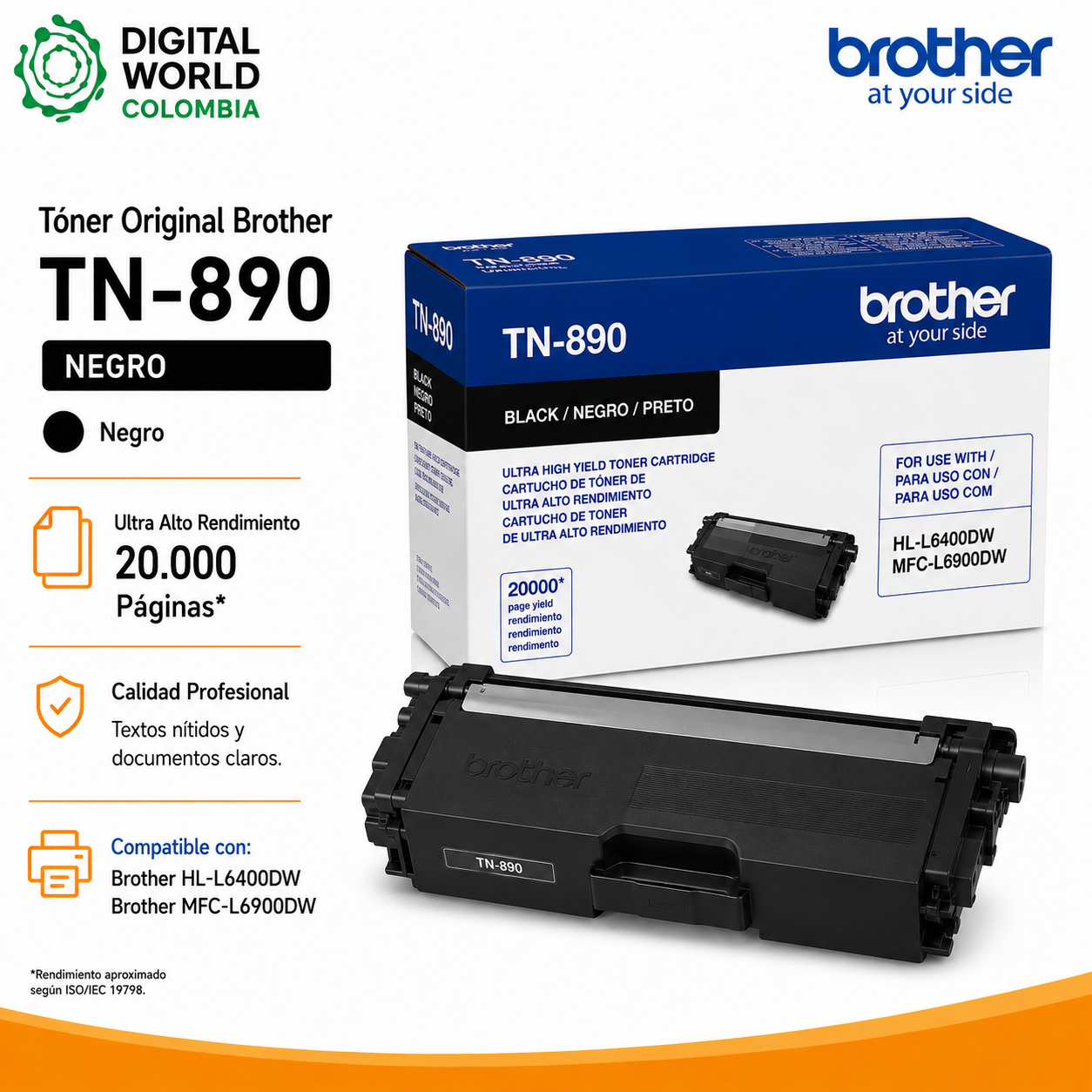 Tóner Original Brother TN-890 Negro Ultra Alto Rendimiento para HL-L6400DW y MFC-L6900DW