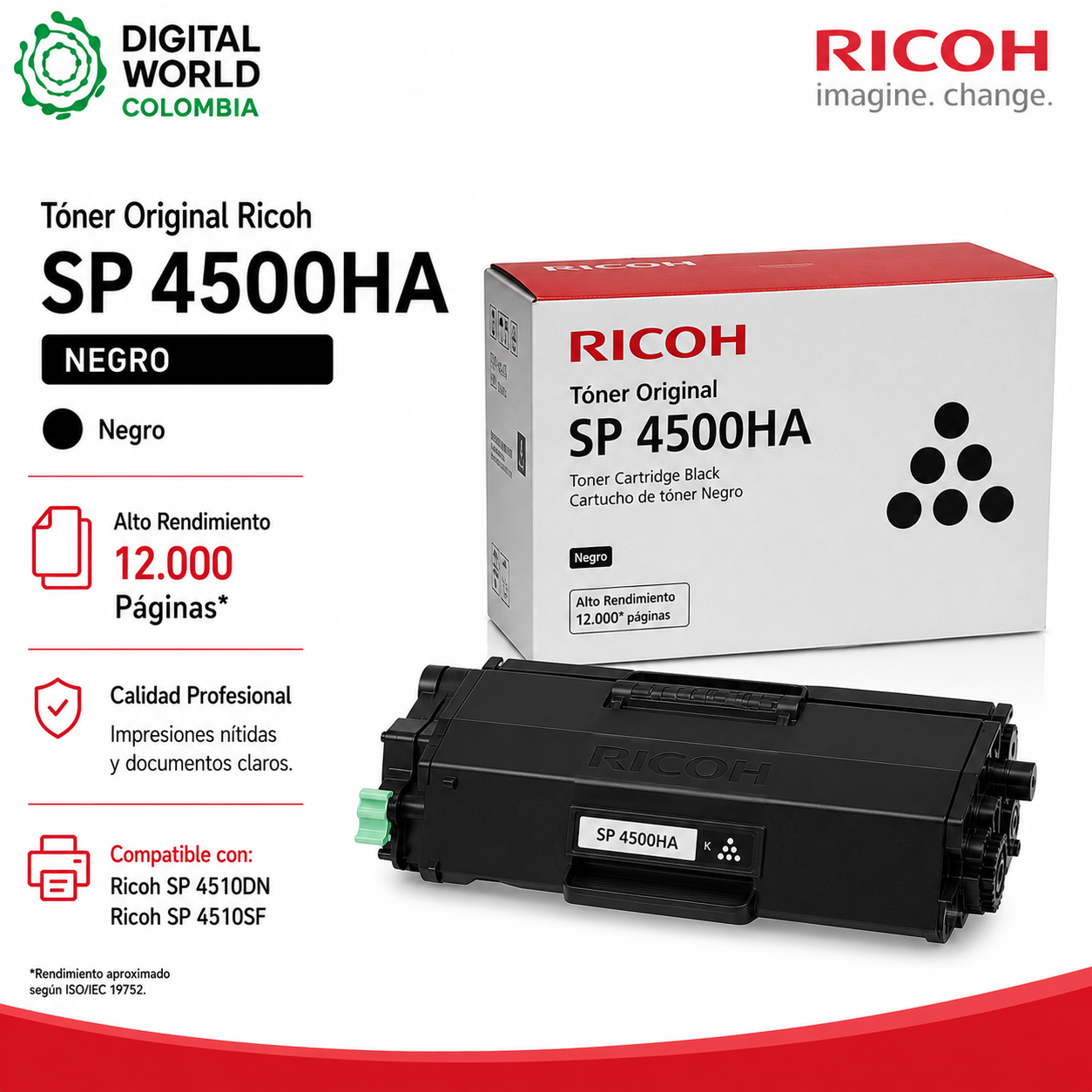 Tóner Original Ricoh SP 4500HA Negro Alto Rendimiento 12.000 Páginas para SP 4510DN y SP 4510SF