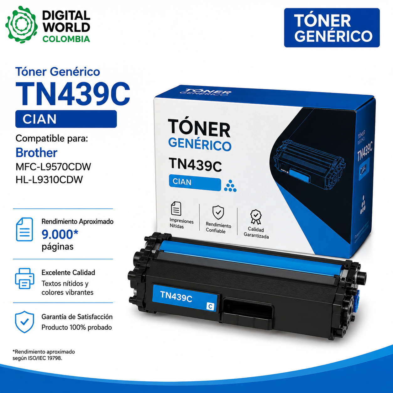 Tóner Genérico Cian TN439C Compatible para Brother MFC-L9570CDW y HL-L9310CDW