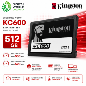 Disco Sólido Interno Kingston KC600 512GB SATA III 2.5" SSD 3D TLC para PC y Portátil