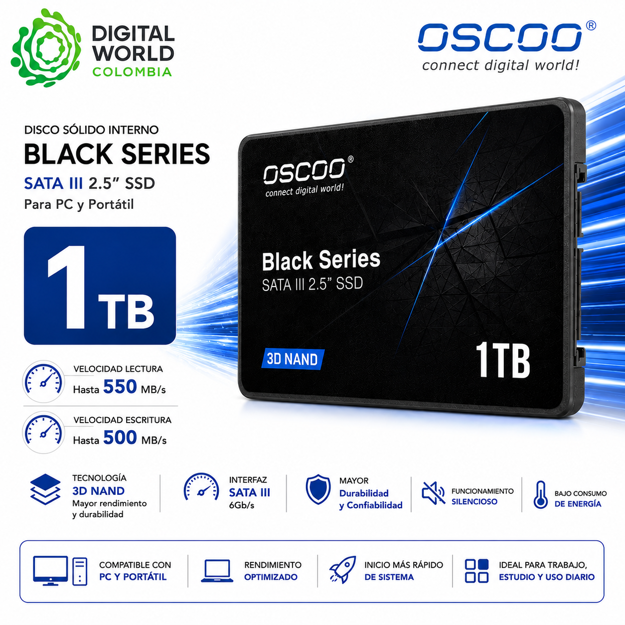 Disco Sólido Interno OSCOO Black Series 1TB SATA III 2.5" SSD 3D NAND para PC y Portátil