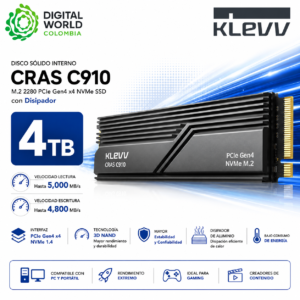 Disco Sólido Interno KLEVV CRAS C910 4TB M.2 2280 PCIe Gen4 x4 NVMe SSD con Disipador
