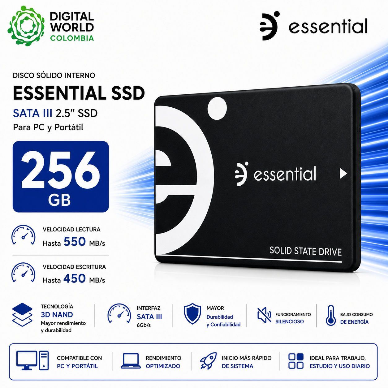 Disco Sólido Interno Essential SSD 256GB SATA III 2.5" 3D NAND para PC y Portátil
