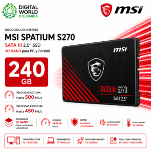 Disco Sólido Interno MSI SPATIUM S270 240GB SATA III 2.5" SSD 3D NAND para PC y Portátil