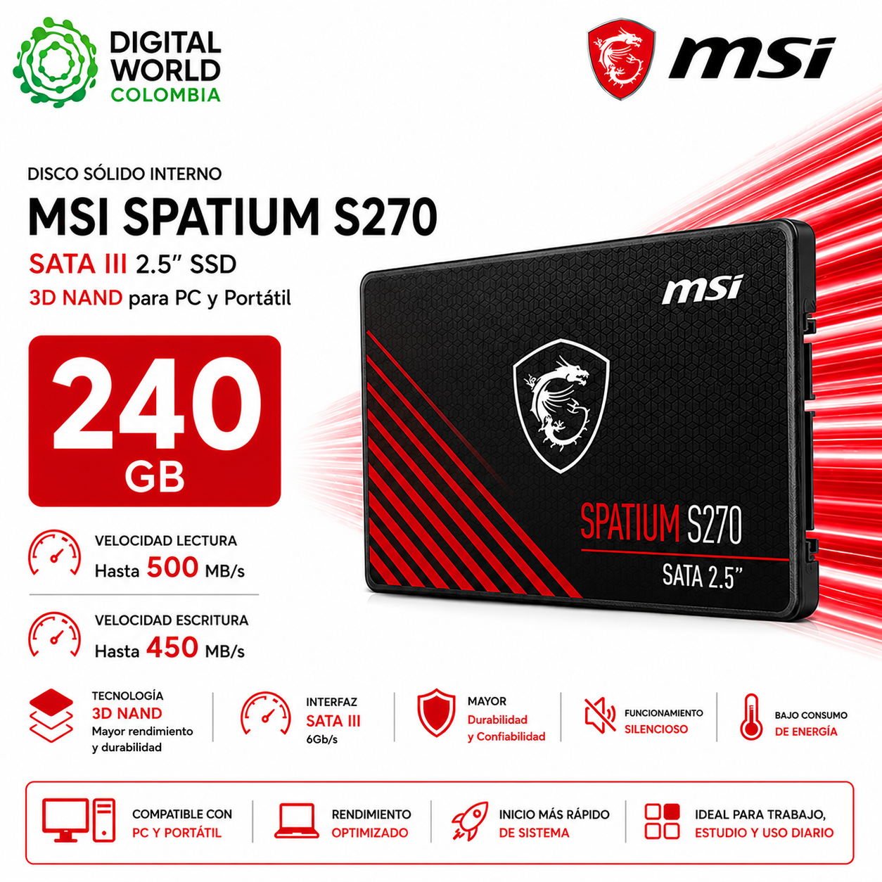 Disco Sólido Interno MSI SPATIUM S270 240GB SATA III 2.5" SSD 3D NAND para PC y Portátil