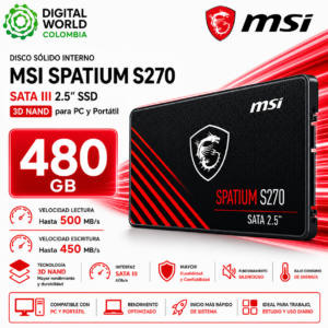 Disco Sólido Interno MSI SPATIUM S270 480GB SATA III 2.5" SSD 3D NAND para PC y Portátil