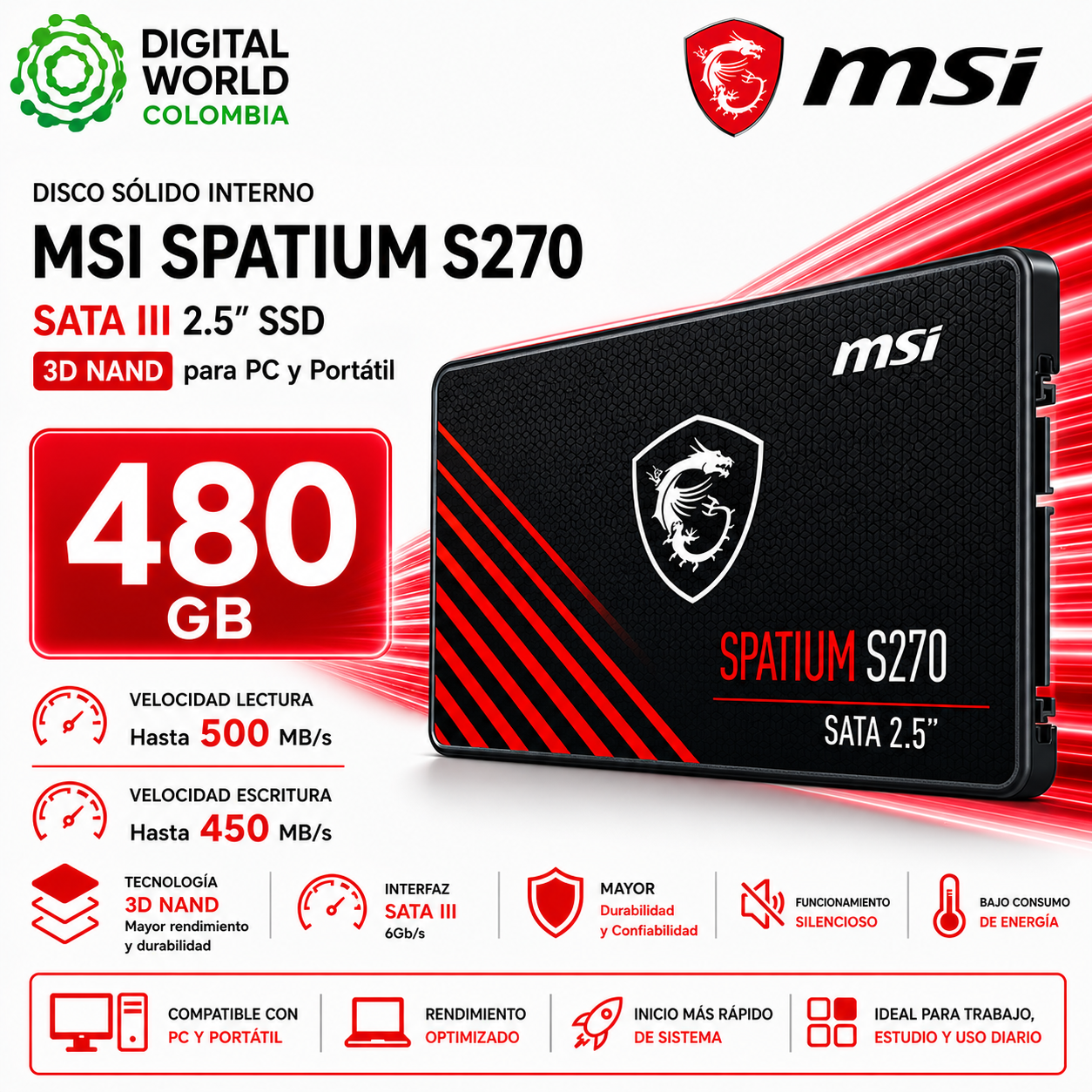 Disco Sólido Interno MSI SPATIUM S270 480GB SATA III 2.5" SSD 3D NAND para PC y Portátil