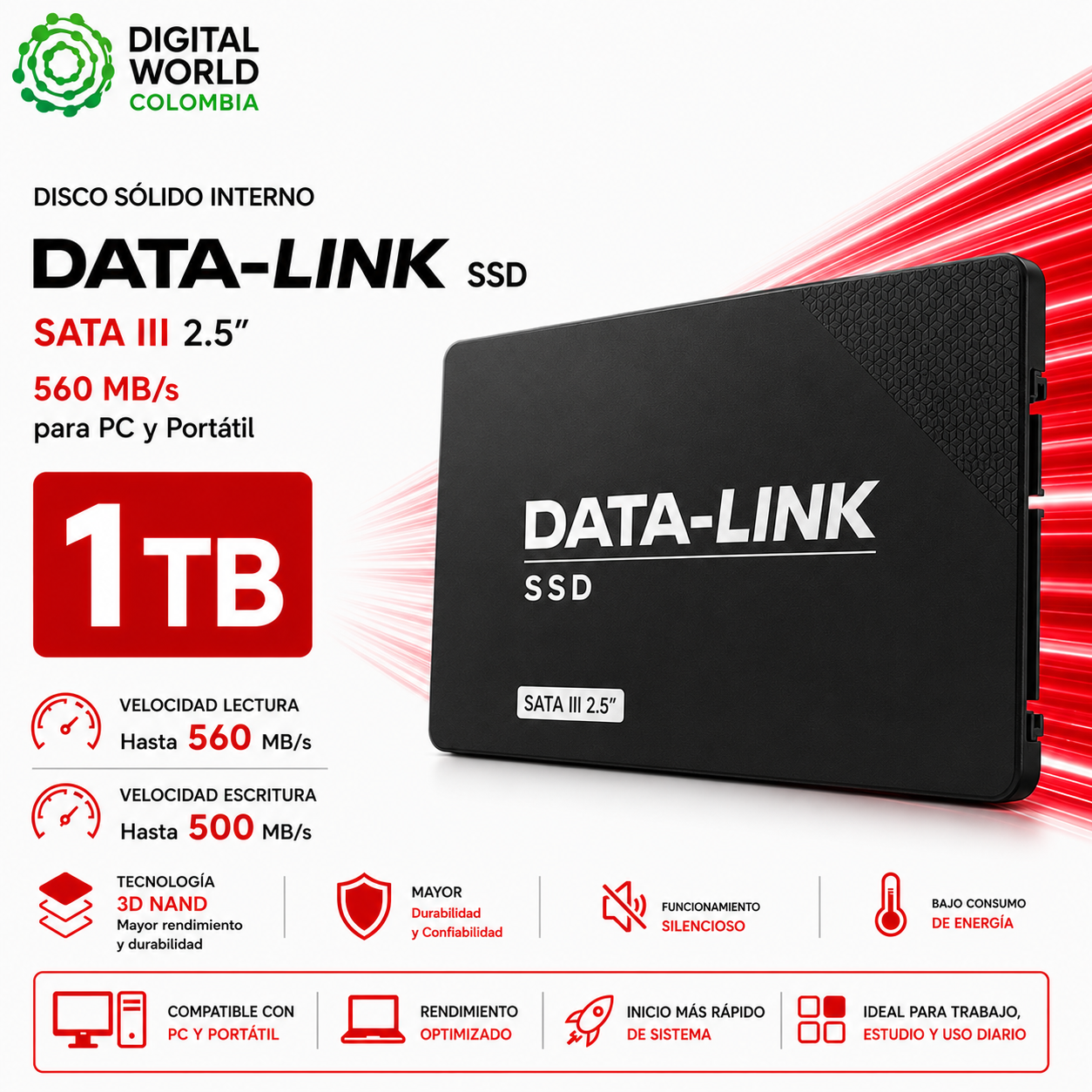 Disco Sólido Interno Data-Link SSD 1TB SATA III 2.5" 560 MB/s para PC y Portátil