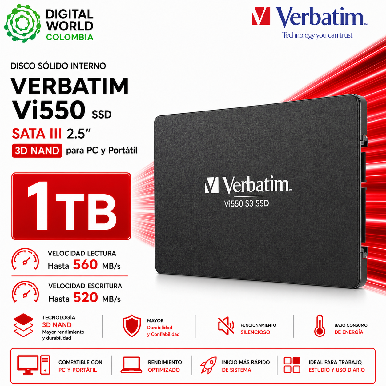 Disco Sólido Interno Verbatim Vi550 1TB SATA III 2.5" SSD 3D NAND para PC y Portátil