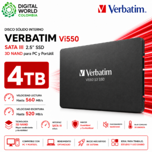 Disco Sólido Interno Verbatim Vi550 4TB SATA III 2.5" SSD 3D NAND para PC y Portátil