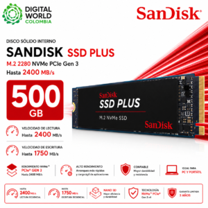 Disco Sólido Interno SanDisk SSD Plus 500GB M.2 2280 NVMe PCIe Gen 3 hasta 2400 MB/s