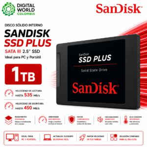 Disco Sólido Interno SanDisk SSD Plus 1TB SATA III 2.5" 535 MB/s para PC y Portátil