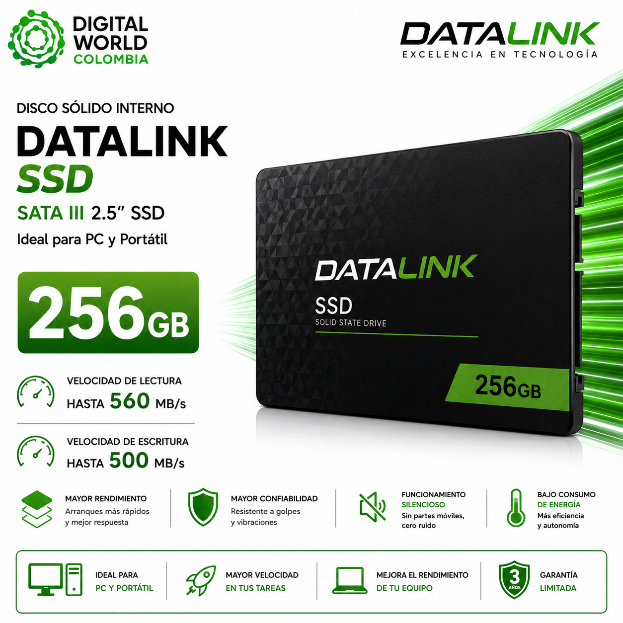 Disco Sólido Interno Datalink SSD 256GB SATA III 2.5" 560 MB/s para PC y Portátil