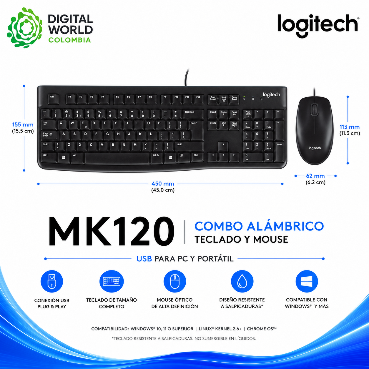 Combo Alámbrico Logitech MK120 Teclado y Mouse USB para PC y Portátil