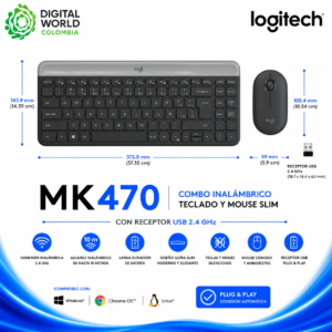 Combo Inalámbrico Logitech MK470 Slim Negro/Gris Teclado y Mouse con Receptor USB 2.4 GHz