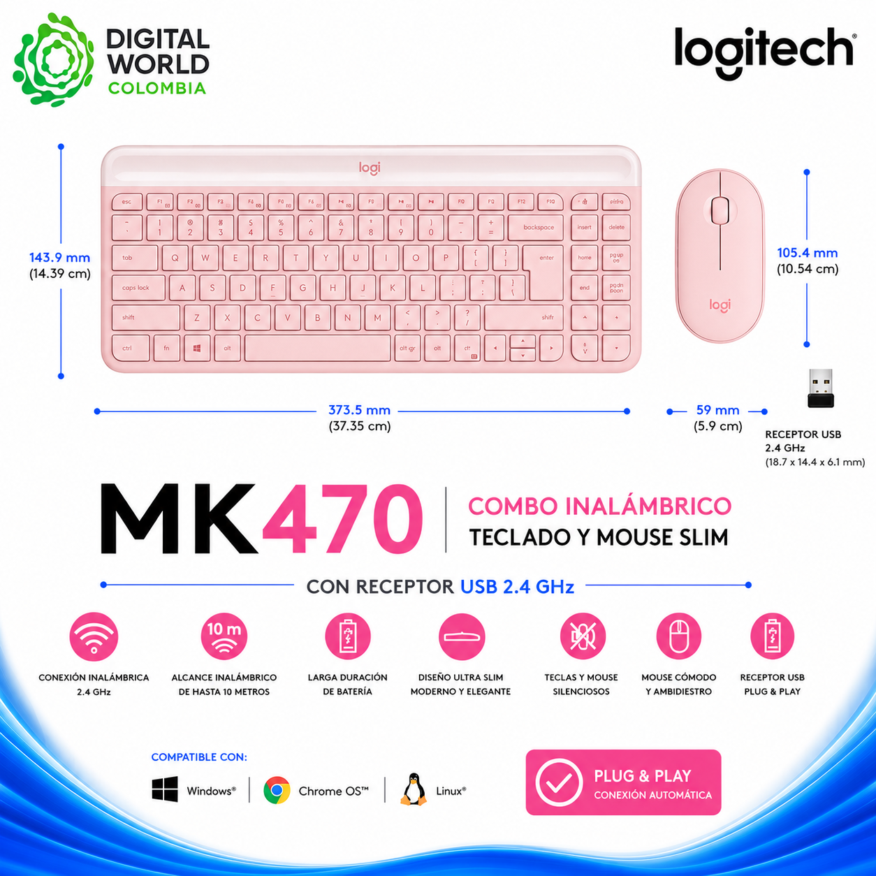 Combo Inalámbrico Logitech MK470 Slim Rosa Teclado y Mouse con Receptor USB 2.4 GHz