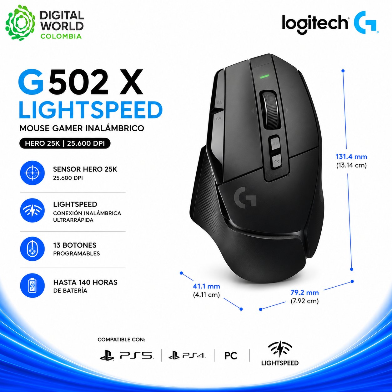 Mouse Gamer Inalámbrico Logitech G502 X LIGHTSPEED Negro HERO 25K 25.600 DPI