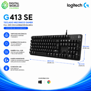 Teclado Mecánico Gamer Logitech G413 SE Full Size con Iluminación Blanca USB