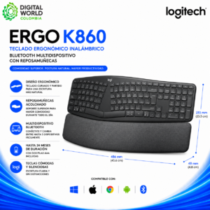 Teclado Ergonómico Logitech ERGO K860 Inalámbrico Bluetooth Multidispositivo con Reposamuñecas