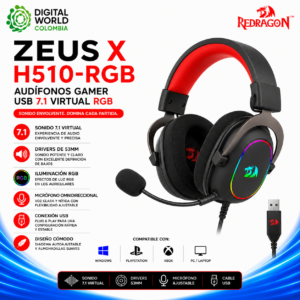 Audífonos Gamer Redragon Zeus X H510-RGB USB 7.1 Virtual RGB Negro