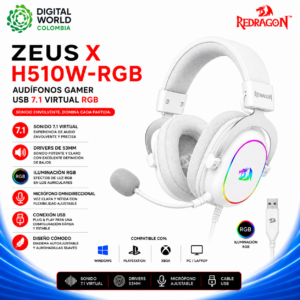 Audífonos Gamer Redragon Zeus X H510W-RGB USB 7.1 Virtual RGB Blanco