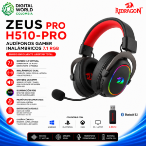 Audífonos Gamer Redragon Zeus Pro H510-PRO Inalámbricos 7.1 RGB Negro