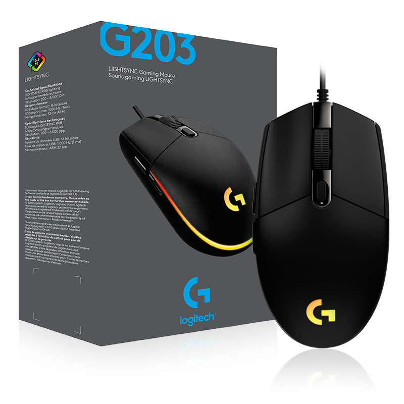 Mouse Gamer Logitech G203 LIGHTSYNC Alámbrico USB 8.000 DPI Negro